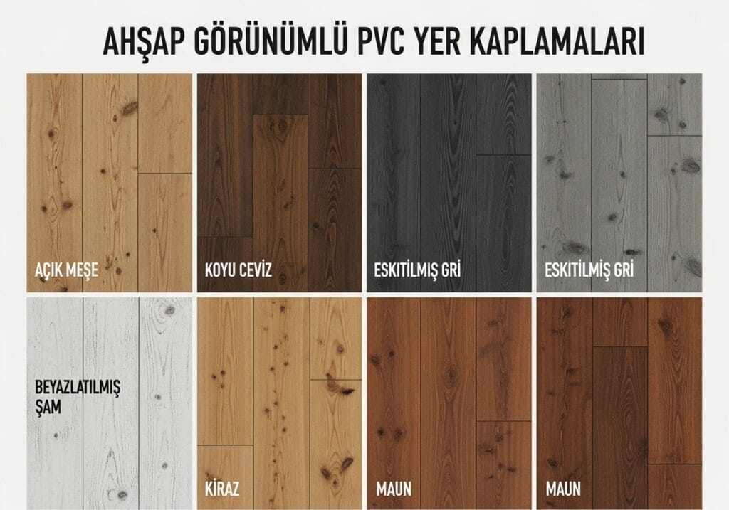 Ahşap görünümlü PVC yer kaplamasının farklı renk ve desen seçenekleri: Açık Meşe, Kiraz, Maun, Ceviz, Beyazlatılmış Şam ve Eskitilmiş Gri tonları yer alıyor.