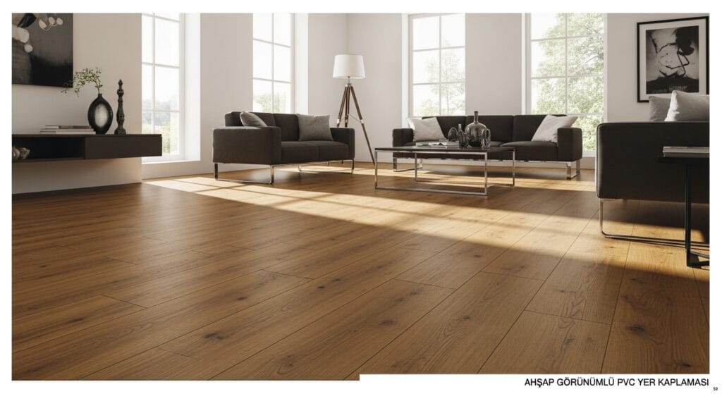 Ahşap görünümlü PVC yer kaplaması, doğal ahşap desenli, suya dayanıklı ve uzun ömürlü bir zemin kaplama ürünü.