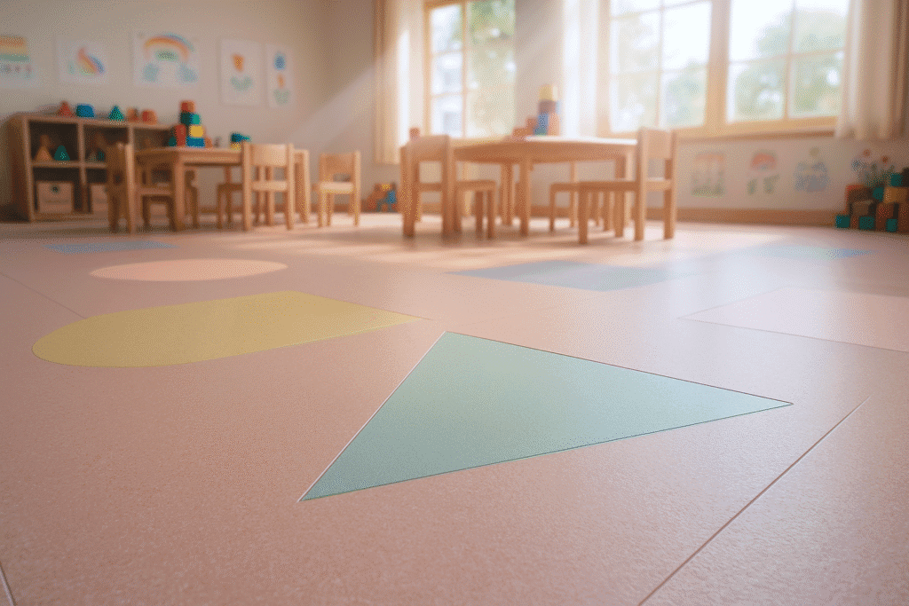 Anaokulu ve kreş sınıfları için darbe emici esnek pvc zemin kaplama