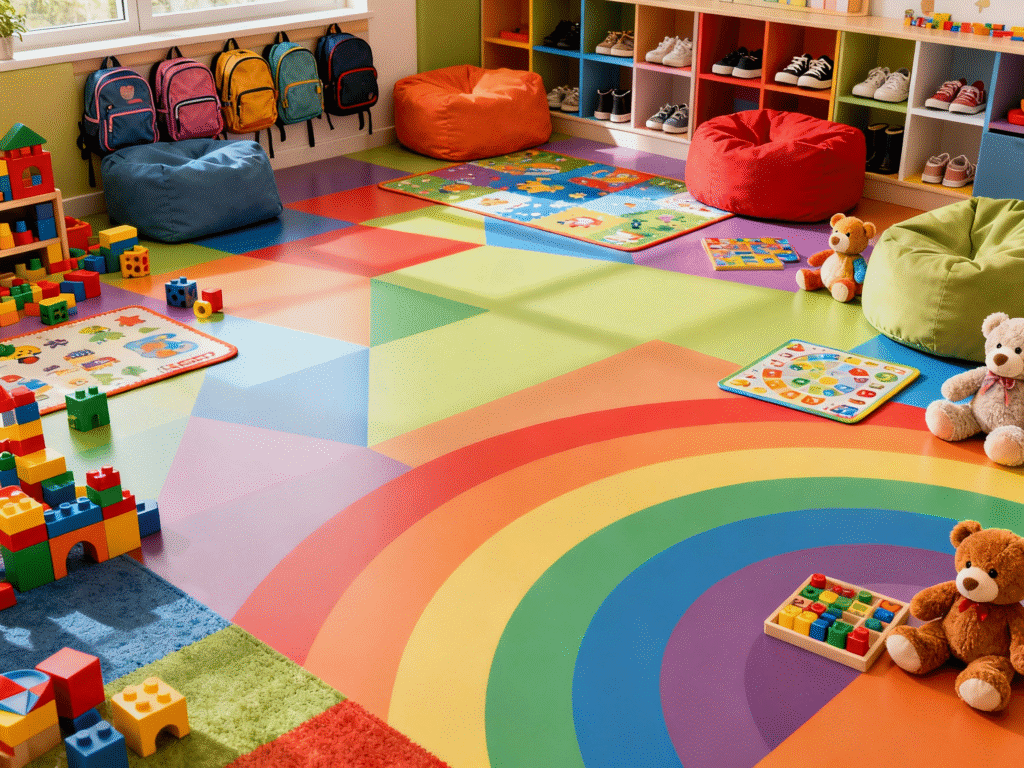 Gökkuşağı renkleri ve geometrik desenlerle süslenmiş PVC zemin kaplama üzerinde oyuncaklar, bloklar ve oyun materyalleri ile donatılmış anaokulu oyun alanının doğal görünümü.