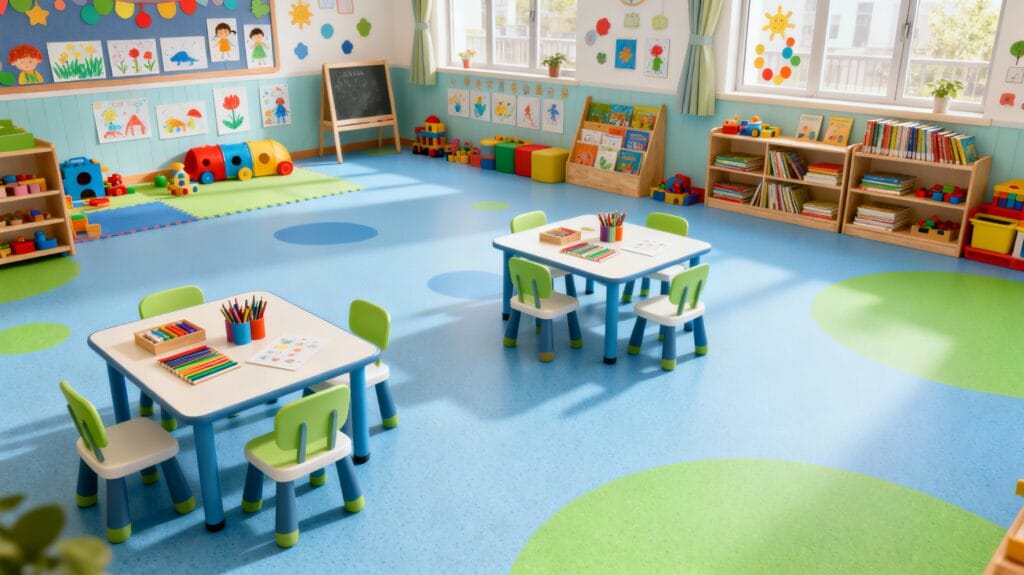 Mavi ve yeşil tonlarında güvenli PVC zemin kaplama ile döşenmiş anaokulu sınıfı. Küçük masa ve sandalyeler, eğitici oyuncaklar, renkli duvar süslemeleri ve çocuk çizimleri ile donatılmış doğal sınıf ortamı.