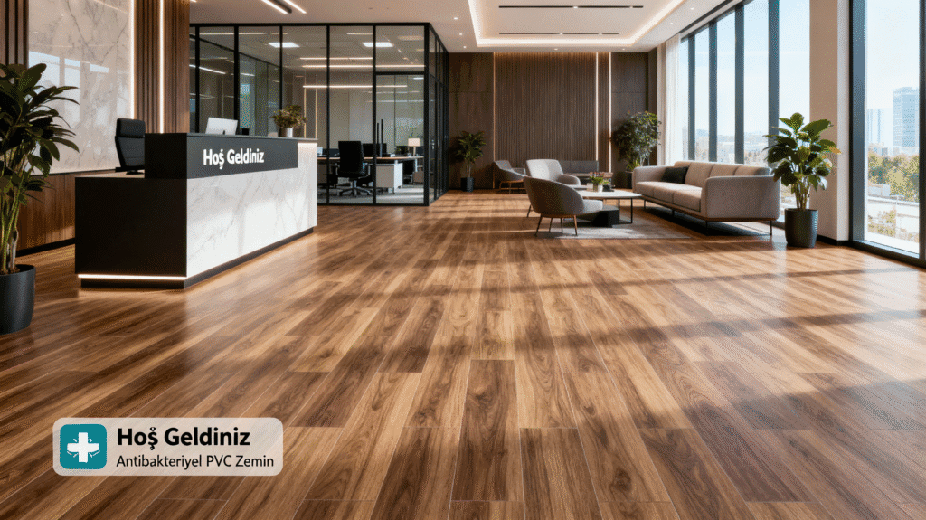 Ahşap görünümlü Antibakteriyel PVC zemin kaplaması ile tasarlanmış modern bir ofis lobisi. Resepsiyon masası, oturma alanı ve geniş pencereler bulunuyor. Resepsiyonda 'Hoş Geldiniz' yazısı ve zeminde 'Antibakteriyel PVC zemin kaplaması' etiketi görülüyor.