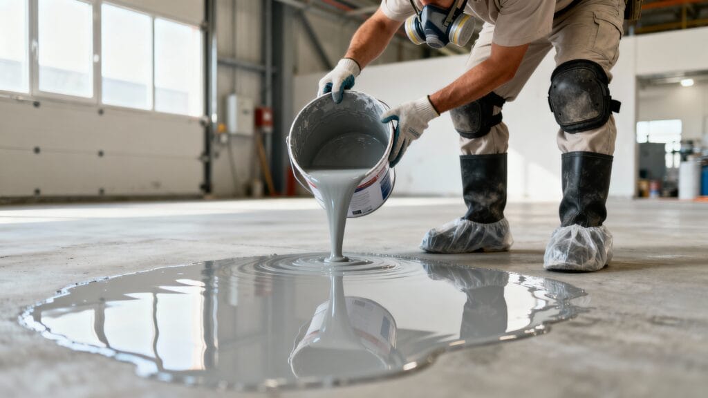 Epoksi zemin kaplama uygulaması yapan profesyonel usta