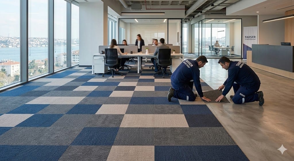 TARSER uzman personeli tarafından modern bir açık ofise uygulanan, akustik ses yalıtımlı ve leke tutmaz gri desenli ticari karo halı kaplama çalışması.