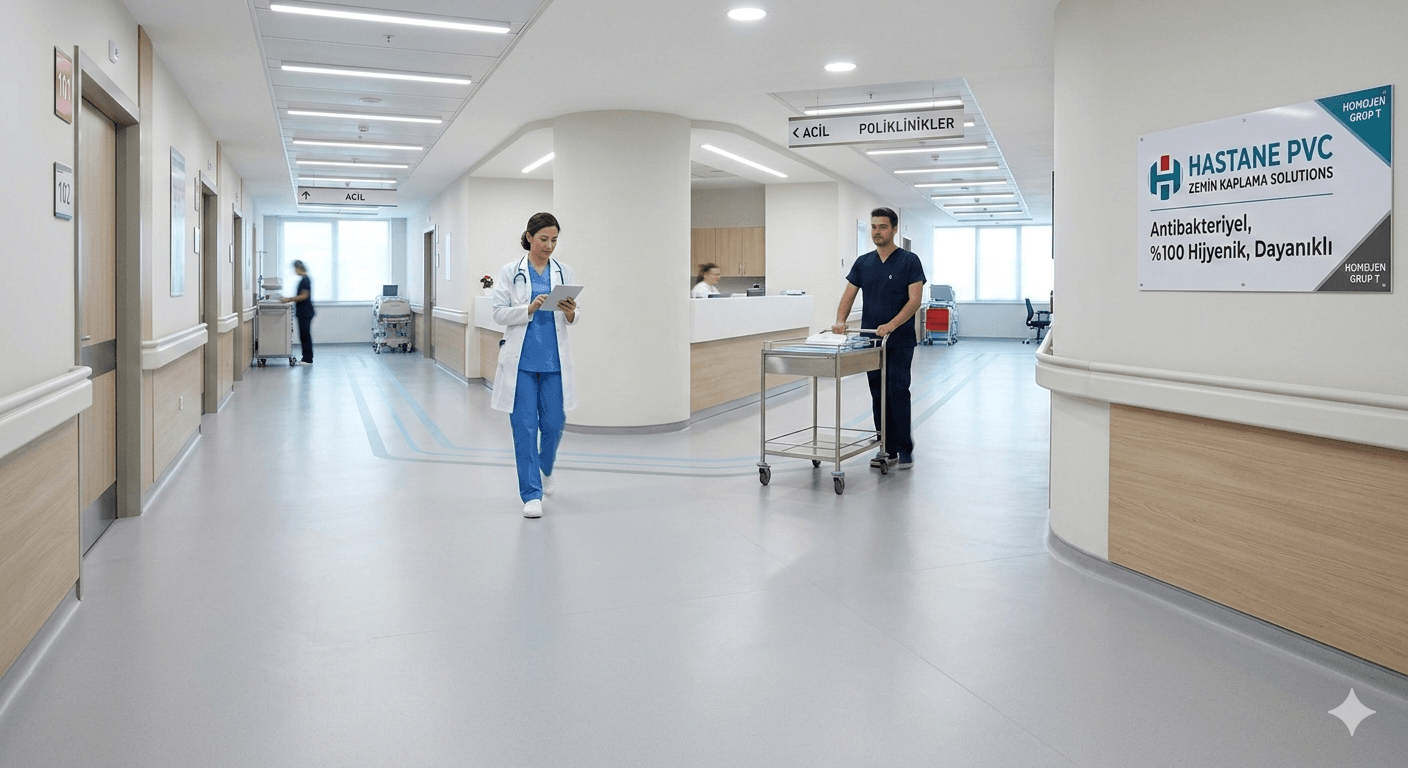 İstanbul'da bir hastane koridorunda uygulanmış, Sağlık Bakanlığı standartlarına uygun, antibakteriyel ve homojen PVC zemin kaplama. Doktor ve hemşire pürüzsüz yüzeyde hareket ederken.