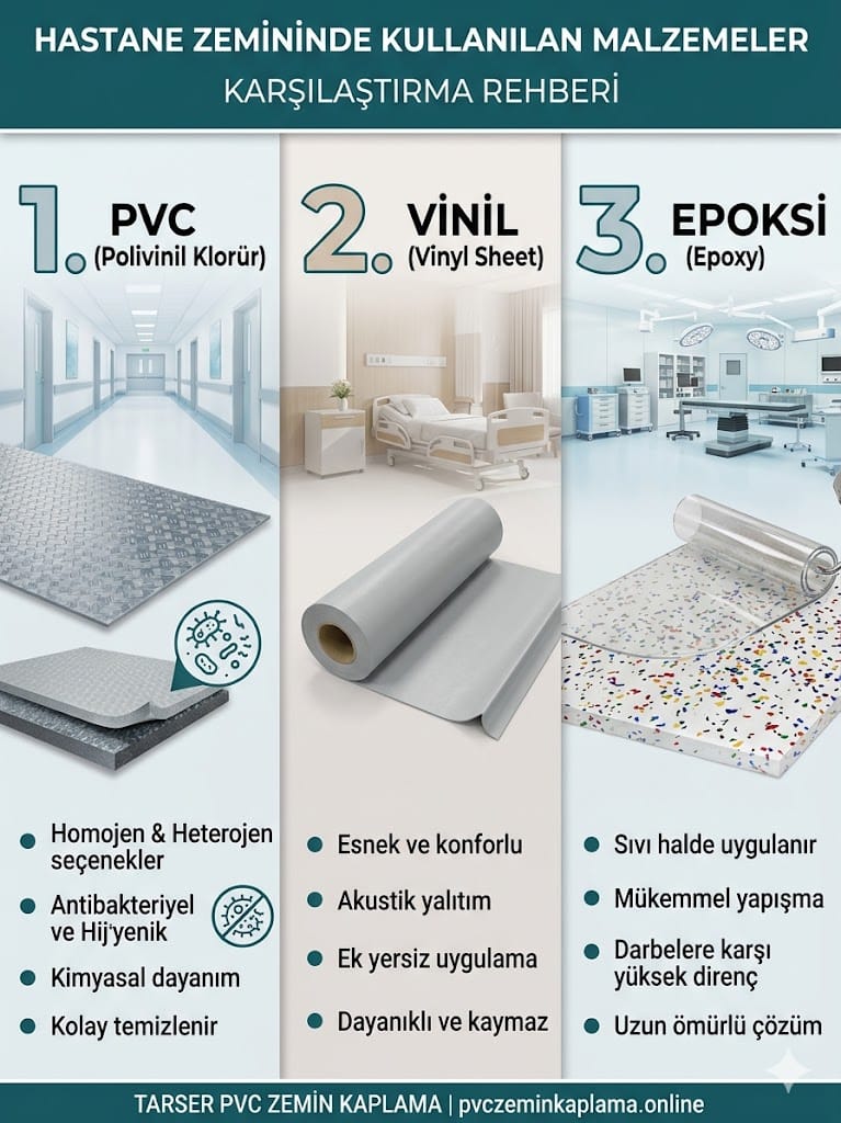Hastane zemininde kullanılan PVC vs Vinil vs Epoksi malzemeleri karşılaştırma tablosu