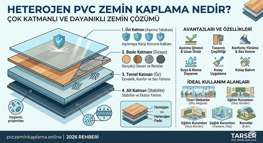 Heterojen PVC zemin kaplama nedir sorusunu yanıtlayan teknik katman yapısı ve avantajları infografiği