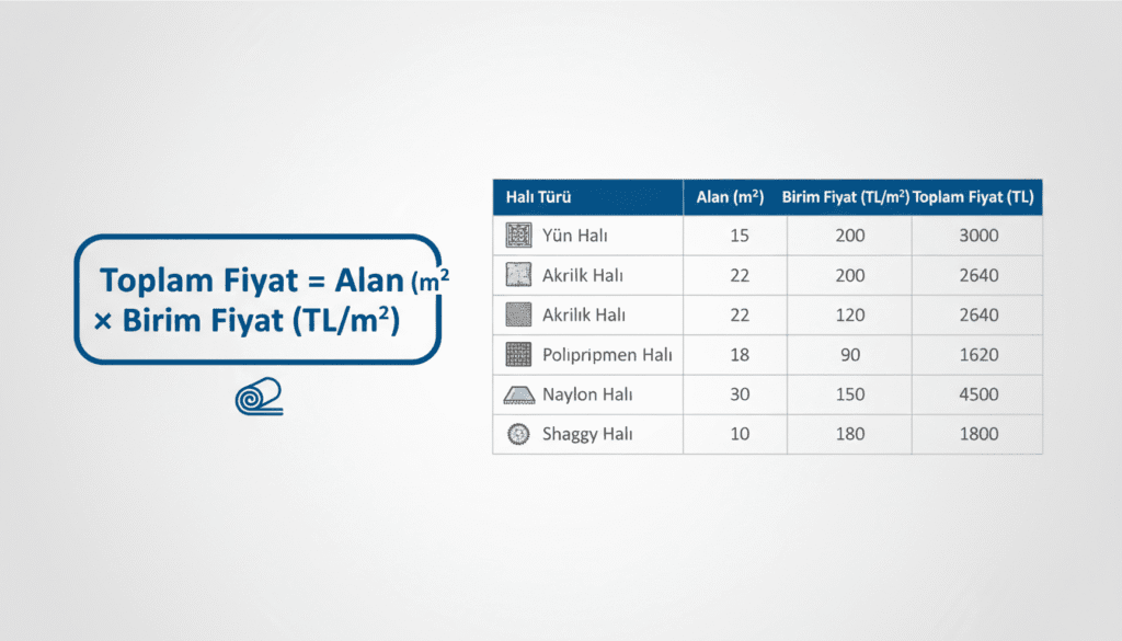 Toplam Fiyat = Alan (m²) × Birim Fiyat (TL/m²)" formülünü ve farklı halı türleri için hesaplama örneklerini içeren profesyonel bir tablo görseli.
