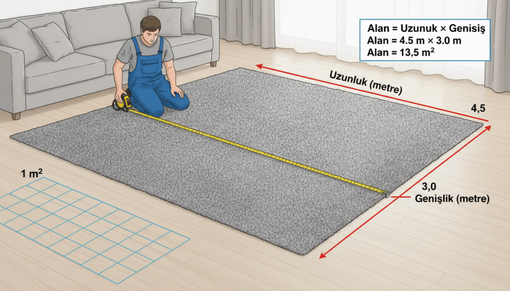 Bir oturma odasında dikdörtgen şeklindeki halının metreyle uzunluk ve genişlik ölçümünün yapıldığı, "Alan = Uzunluk × Genişlik" formülünün gösterildiği teknik bir illüstrasyon. 