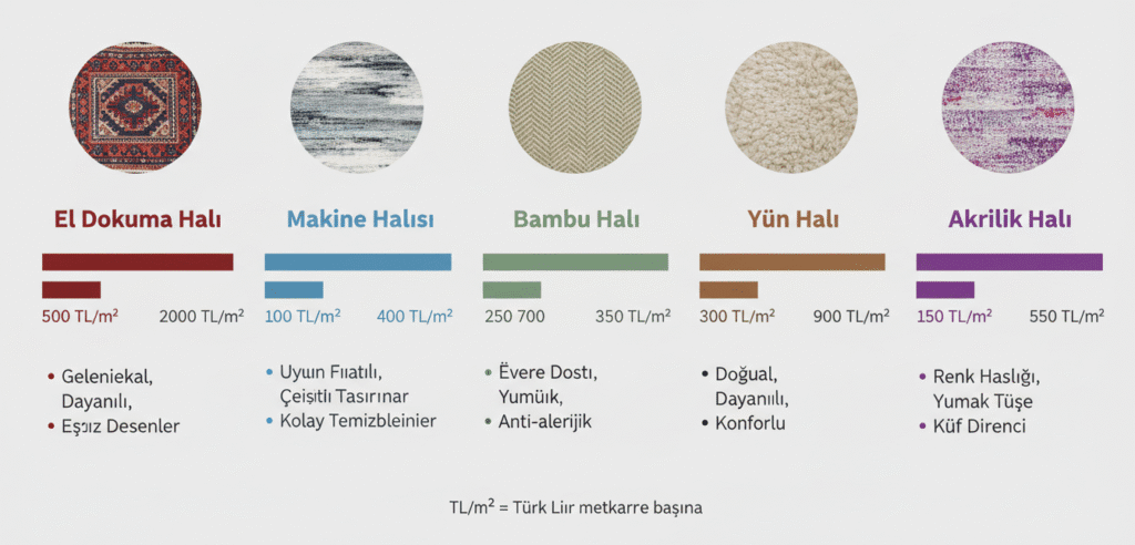 Beş farklı halı türünün (El Dokuma, Makine, Bambu, Yün ve Akrilik) görsel örnekleri, metrekare başına TL fiyat aralıkları ve temel özelliklerini gösteren karşılaştırmalı bir grafik.