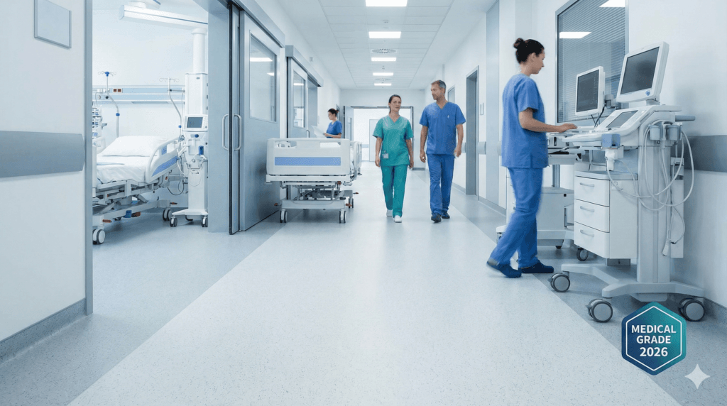 2026 yılı teknik şartnamesine uygun, modern ve hijyenik PVC zemin kaplamasına sahip bir hastane koridoru. Sağlık personeli, hasta yatağı ve tıbbi ekipmanların bulunduğu steril ortamda görülüyor.