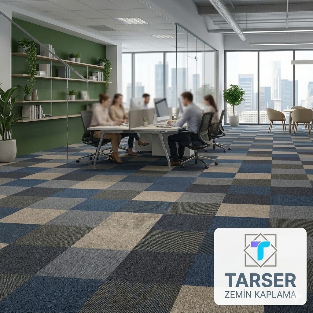 TARSER Zemin Kaplama güvencesiyle modern bir açık ofise uygulanmış, mavi ve gri tonlarında, akustik özellikli ve leke tutmaz ticari karo halı modeli.