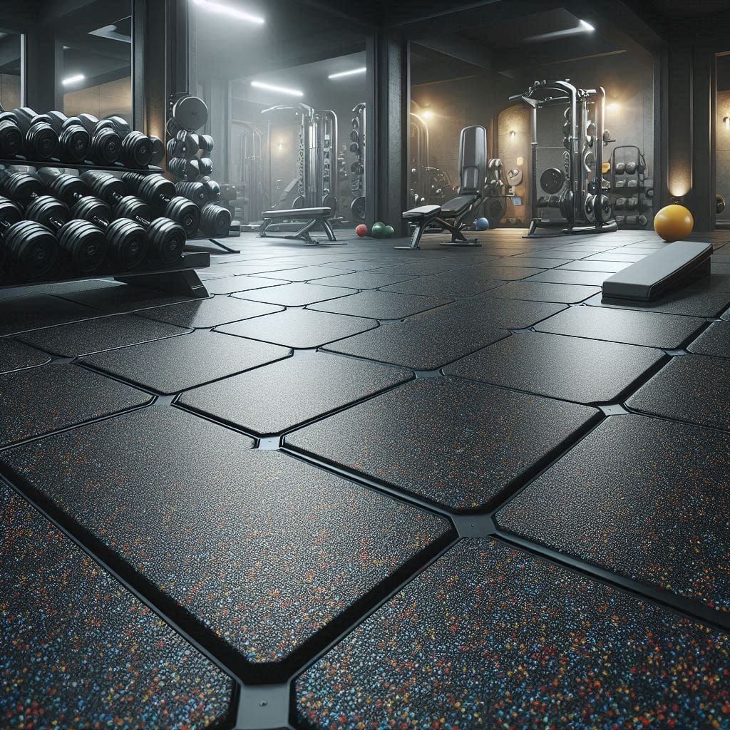 Siyah kauçuk zemin kaplamalı, geniş ve aydınlık bir fitness salonu. İçinde koşu bantları, eliptik bisikletler, ağırlık makineleri, bench press sehpası ve squat rack bulunan çeşitli spor ekipmanları görülmektedir. Bir duvar tamamen ayna kaplıdır ve arka duvarlar camdan yapılmıştır, dışarıya bakan bir görünüm sağlar.