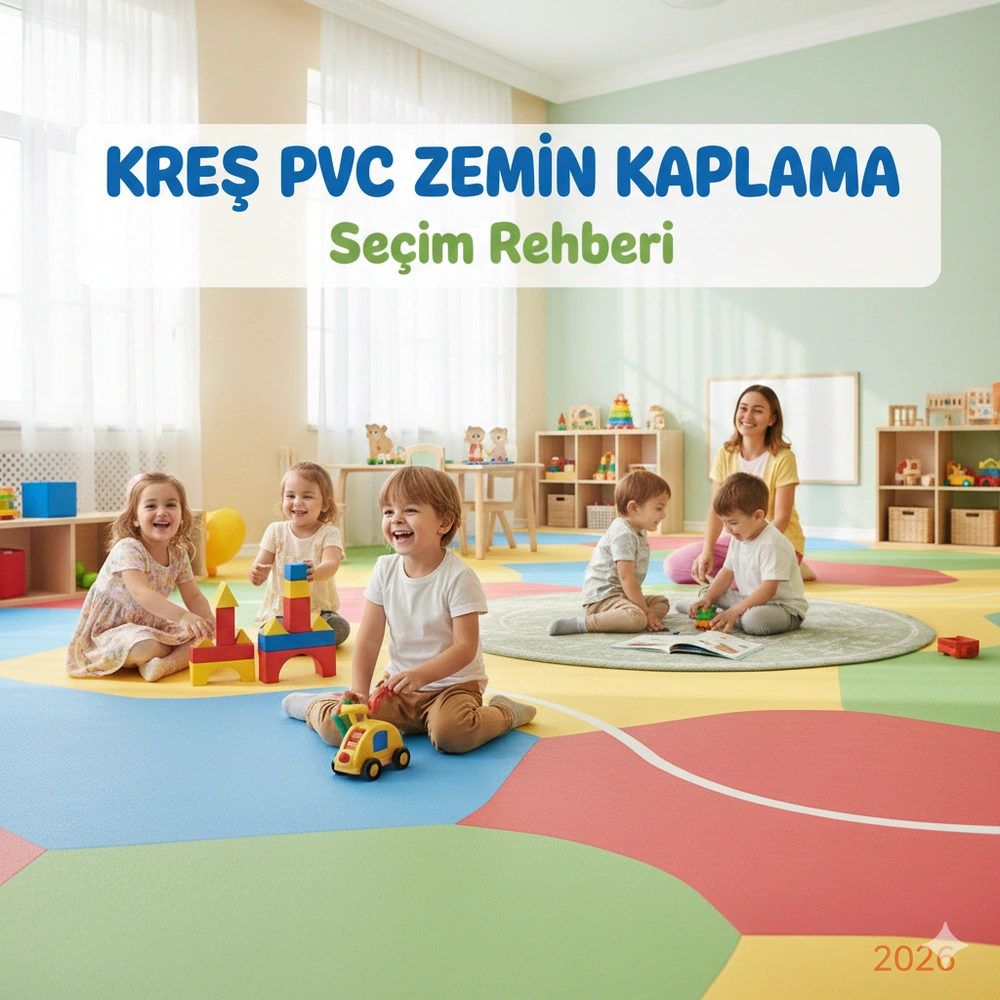 Renkli kreş sınıfında yumuşak PVC zemin üzerinde oynayan çocuklar.