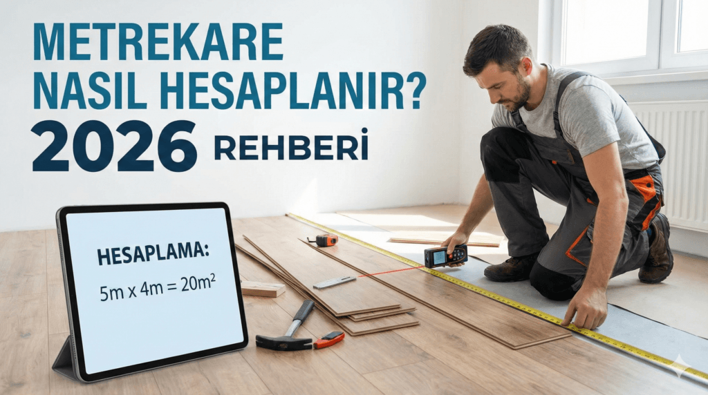 Metrekare hesaplama işlemi: Bir usta, lazer metre ile zemin kaplama alanını hassas bir şekilde ölçüyor.