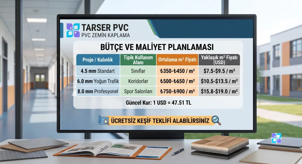 Tarser PVC Okul Zemin Kaplama Fiyatlandırma Sunumu Bir ofis masasında duran büyük bir bilgisayar ekranı, ekranın arkasında bir okul koridoru ve dışarıda okul binaları görünüyor. Masanın üzerinde açık bir dosya, bir kalem ve çeşitli PVC zemin kaplama numuneleri (farklı renk ve dokularda) var. Ekranda "BÜTÇE VE MALİYET PLANLAMASI" başlıklı ve "TARSER PVC ZEMİN KAPLAMA" logolu bir fiyat tablosu yer alıyor. Tablo, farklı PVC kalınlıkları (4.5mm, 6.0mm, 8.0mm), kullanım alanları ve m² fiyatlarını hem Türk Lirası hem de ABD Doları cinsinden gösteriyor. Alt kısımda güncel kur bilgisi ve "ÜCRETSİZ KEŞİF TEKLİFİ ALABİLİRSİNİZ" yazılı bir bant var.