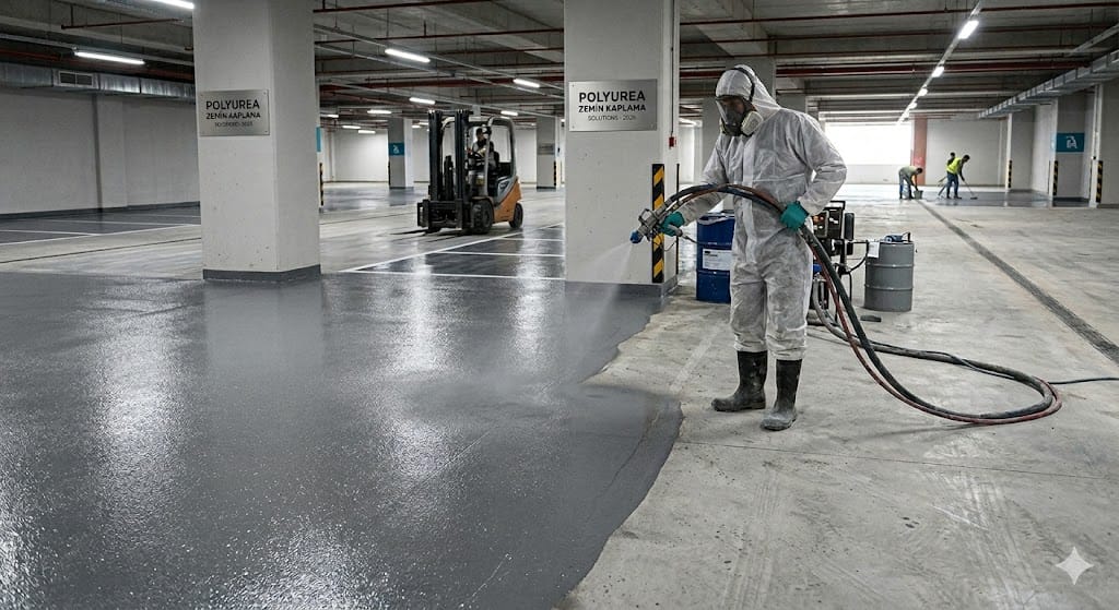 Koruyucu tulum ve maske takan bir işçi, kapalı otopark beton zeminine özel sprey makinesi ile gri renkli polyurea zemin kaplama malzemesi püskürtüyor.