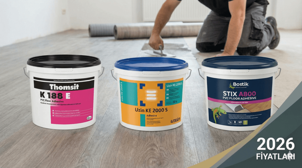 En iyi PVC yapıştırıcısı markaları: Thomsit K 188 E, Uzin KE 2000 S ve Bostik STIX A800 kovaları ve 2026 fiyat etiketi.