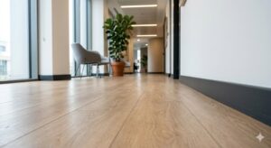 modern bir ofis koridorunun yer seviyesinden çekilmiş net bir fotoğrafı. Ön planda ahşap desenli estetik LVT zemin kaplaması ve koyu renkli minimalist süpürgelikler, arka planda bulanık gri koltuklar ve büyük bir saksı bitkisi görülüyor.