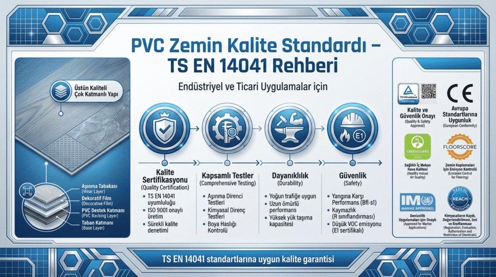 TS EN 14041 standartları, PVC zeminlerin dayanıklılığını, emniyetini ve kalitesini garanti altına alır. Endüstriyel ve ticari uygulamalar için en yüksek kalite garantisi sağlar.