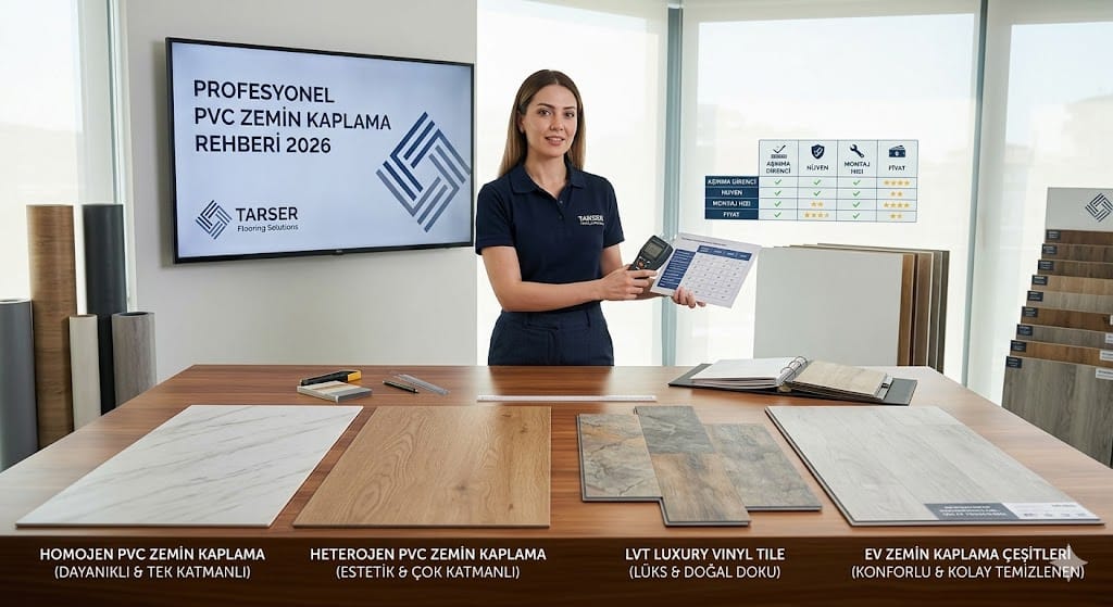 Modern bir showroomda TARKETT üniformalı güler yüzlü bir kadın temsilci, '2026 Profesyonel PVC Zemin Kaplama Rehberi' başlığı taşıyan bir televizyon ekranının önünde duruyor. Temsilci, homojen PVC, heterojen PVC, LVT lüks vinil karolar ve ev zemin kaplama çeşitleri dahil olmak üzere farklı zemin kaplama örneklerini içeren bir masada sunum yapıyor. Her bir numunenin üzerinde teknik özellikleri açıklayan Türkçe etiketler bulunuyor. Arka planda bir karşılaştırma tablosu ve ürün ruloları görülüyor.