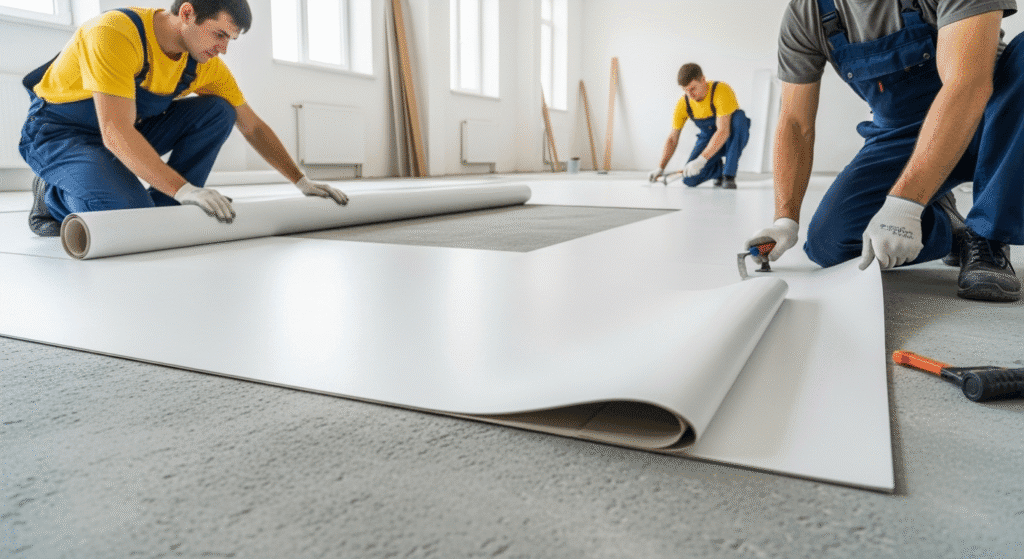 Uzman ekip tarafından modern iç mekanda PVC zemin kaplama uygulaması yapılırken çekilen profesyonel fotoğraf