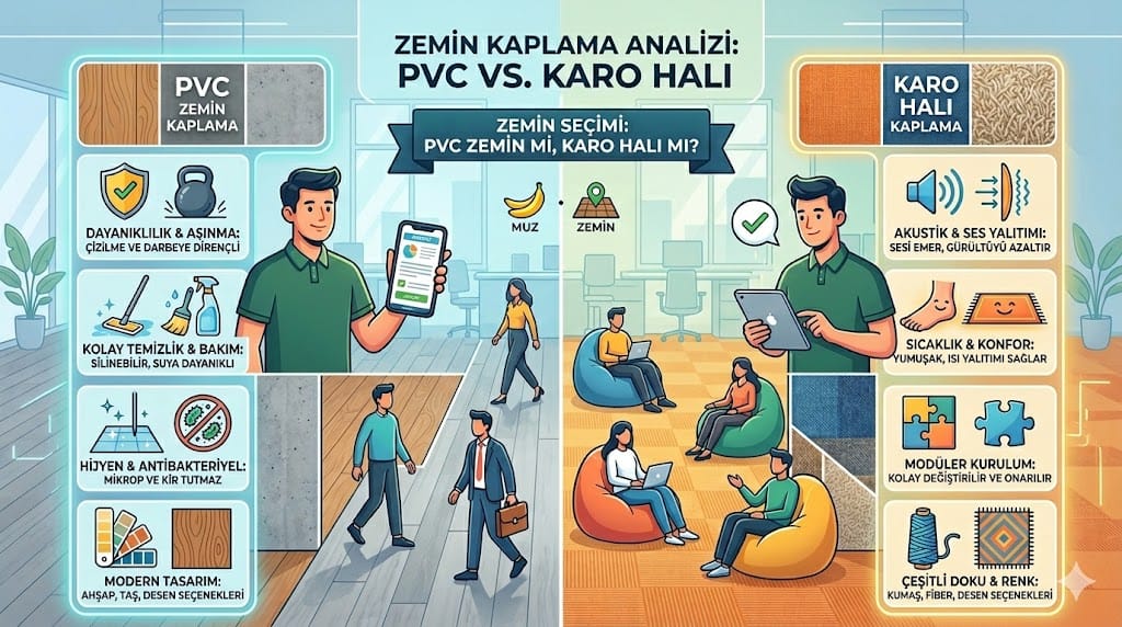 PVC zemin kaplama ve karo halı özelliklerini karşılaştıran detaylı infografik. Sol tarafta dayanıklılık, hijyen ve kolay temizlik sunan PVC zemin avantajları; sağ tarafta ise akustik yalıtım, konfor ve modüler kurulum sağlayan karo halı özellikleri listelenmektedir.