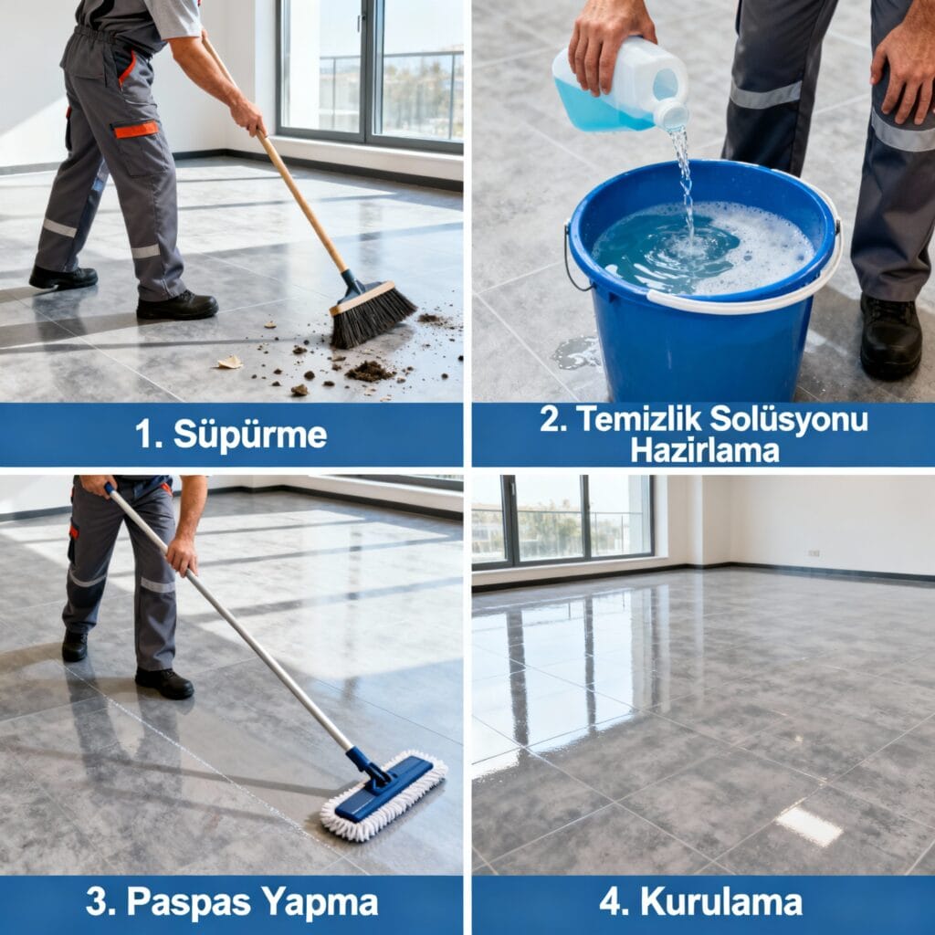 PVC zemin temizlik adımları - süpürme, temizlik solüsyonu hazırlama, paspas yapma, kurulama