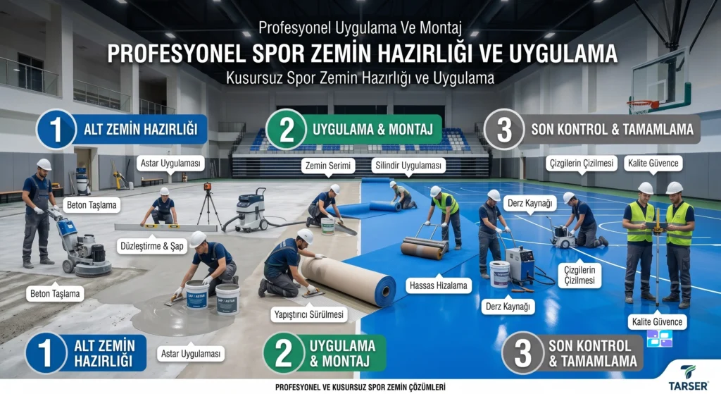 TARSER PVC Zemin Kaplama ekibinin kapalı spor salonlarında gerçekleştirdiği alt zemin hazırlığı, PVC zemin serimi ve son kontrol aşamalarını gösteren profesyonel montaj ve uygulama süreci.