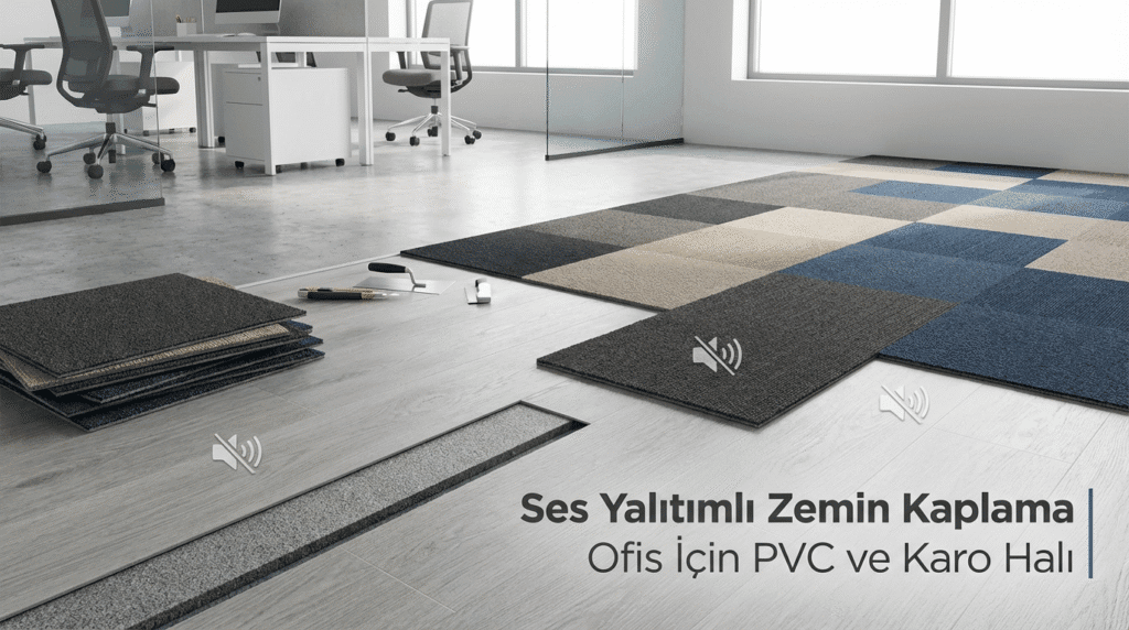 Ofiste döşenen PVC zemin ve modüler karo halı kombinasyonu; ses yalıtımını artıran akustik karo panelleri ve modern ofis düzeni görülüyor.