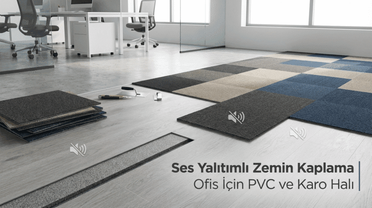 Ofiste döşenen PVC zemin ve modüler karo halı kombinasyonu; ses yalıtımını artıran akustik karo panelleri ve modern ofis düzeni görülüyor.