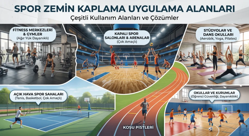 Fitness merkezleri, kapalı spor salonları, dans stüdyoları, açık hava tenis kortları ve okul spor salonları gibi farklı spor alanları için zemin kaplama çözümlerini gösteren beş bölümlü bir infografik.