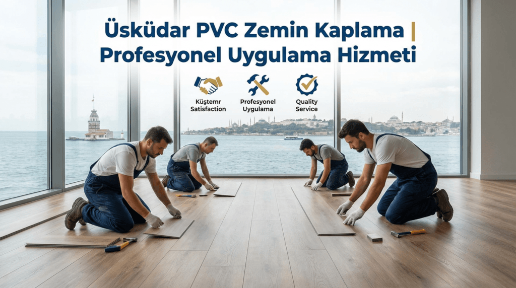 Üsküdar bölgesinde modern bir ofis alanında profesyonel PVC zemin kaplama kurulumu yapılmış, kaliteli malzeme ve temiz uygulama detayları görülüyor. Boğaz manzarası arka planda, mavi ve beyaz renk şeması ile profesyonel hizmet görseli.