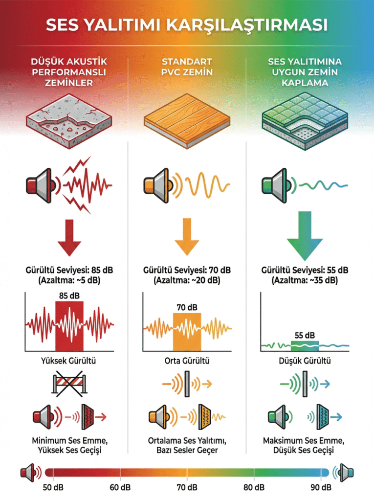 Ses yalıtımı karşılaştırma grafiği; düşük akustik zemin, standart PVC zemin ve ses yalıtımına uygun kaplamaların 85 dB – 55 dB arasındaki gürültü azaltma değerlerini gösteren infografik.