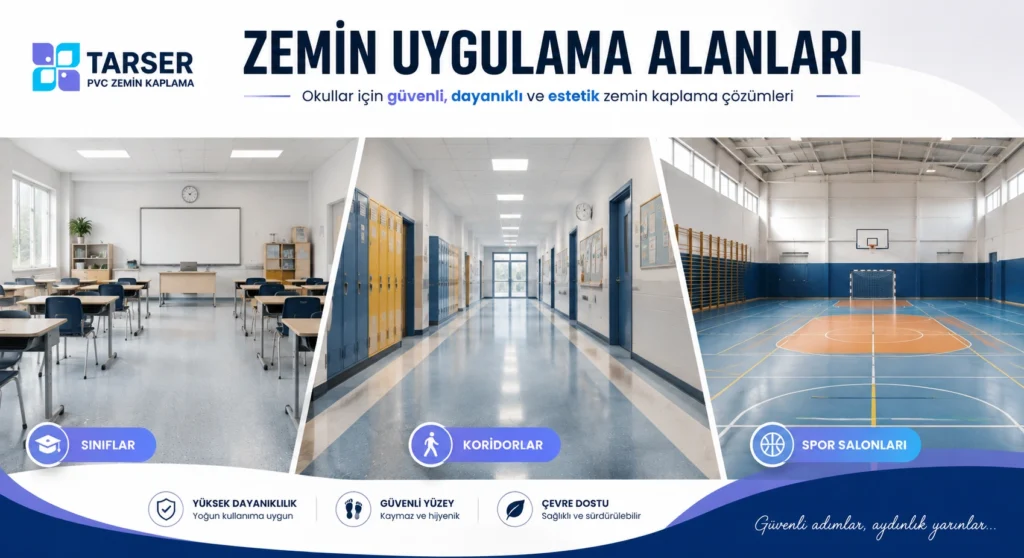 Okullarda Farklı Alanlar İçin Zemin Çözümleri Okul sınıfı, koridoru ve spor salonunda kullanılan dayanıklı zemin yüzeyleri