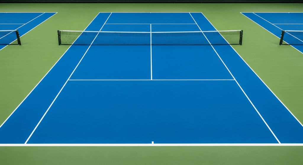 Akrilik PVC zemin kaplama ile yapılmış spor sahası yüzeyi, mavi ve yeşil renkli tenis kortu örneği.