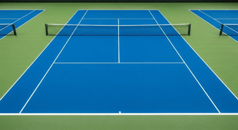Akrilik PVC zemin kaplama ile yapılmış spor sahası yüzeyi, mavi ve yeşil renkli tenis kortu örneği.
