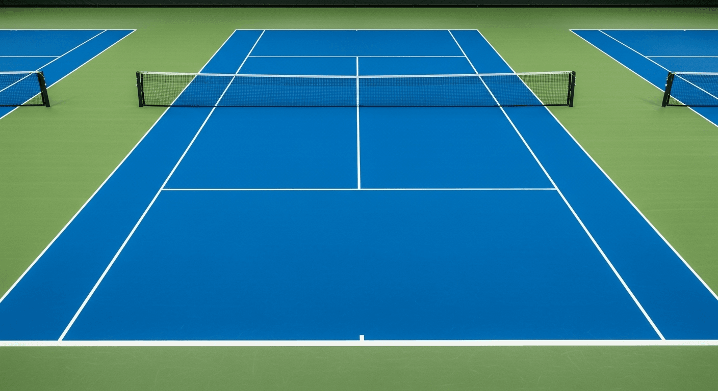 Akrilik PVC zemin kaplama ile yapılmış spor sahası yüzeyi, mavi ve yeşil renkli tenis kortu örneği.