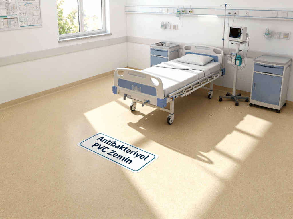 Modern bir hastane hasta odasında kullanılan bej tonlarında antibakteriyel PVC yer döşemesi. Odada hastane yatağı, tıbbi ekipmanlar ve doğal ışık alan bir pencere bulunuyor. Zeminde 'Antibakteriyel PVC Zemin' etiketi görülüyor.