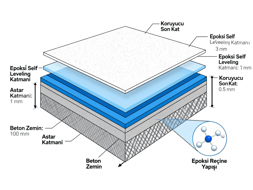 Epoksi self leveling zemin kaplamasının katmanlarını gösteren teknik kesit diyagramı.