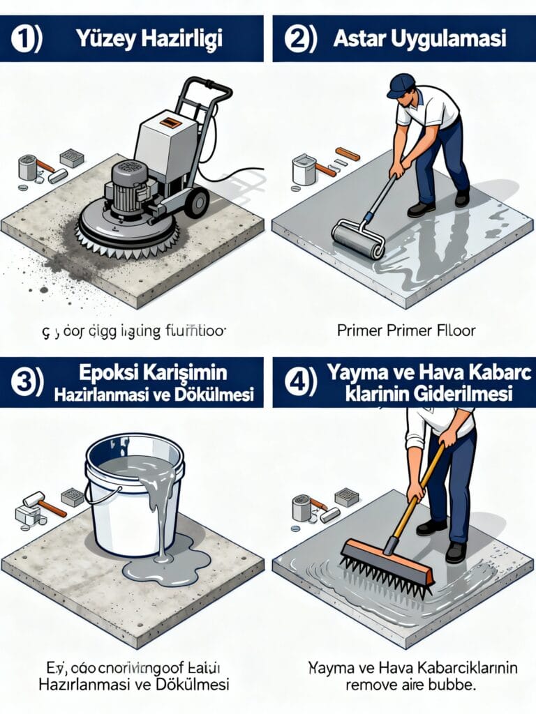 Epoksi self leveling zemin kaplamasının dört aşamalı uygulama sürecini gösteren teknik illüstrasyon: yüzey hazırlığı, astar uygulaması, epoksi karışımın hazırlanması ve dökülmesi, yayma ve hava kabarcıklarının giderilmesi.