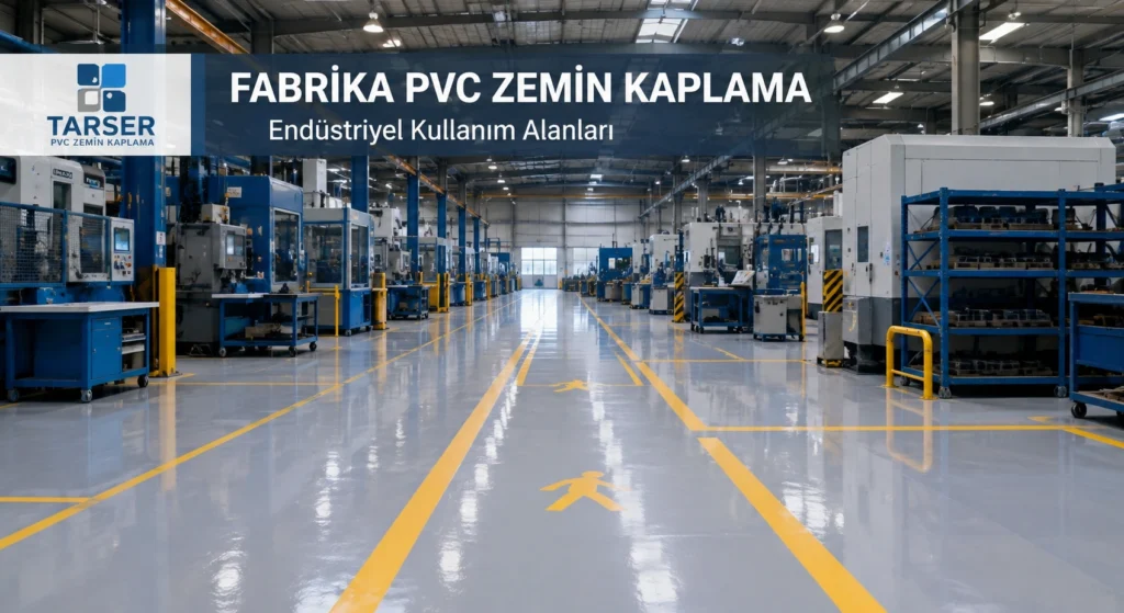 Üretim hatları arasında uzanan parlak zemin ve sarı iş güvenliği çizgileri.