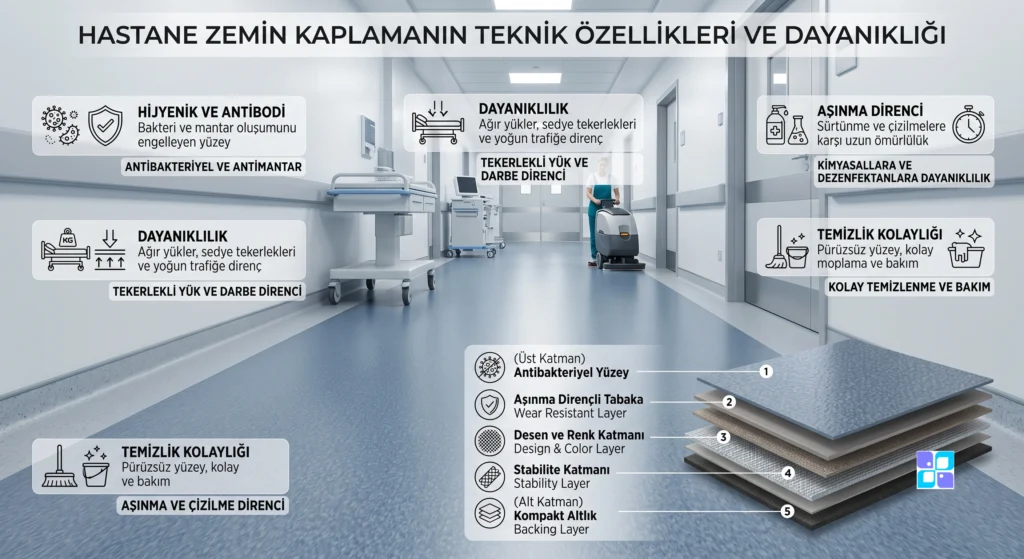 PVC zemin kaplamanın katmanlı teknik yapısı infografiği