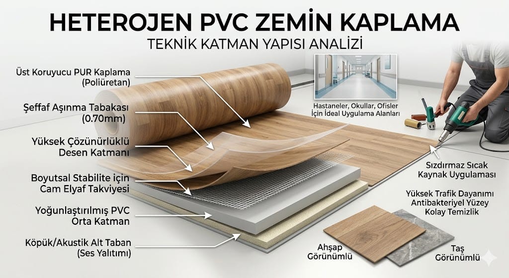 Heterojen PVC zemin kaplama çok katmanlı teknik yapısı ve uygulama aşamaları (Aşınma tabakası, desen katmanı, akustik taban)