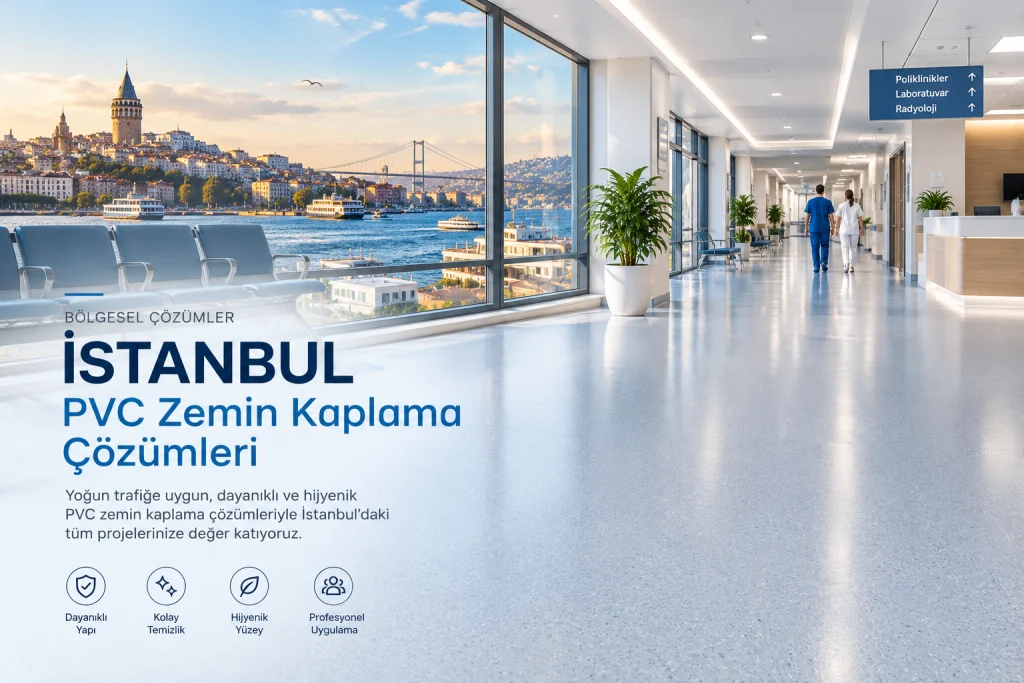 İstanbul’da modern hastane koridorunda uygulanan PVC zemin kaplama