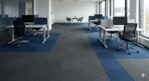 Modern ofisler için ses yalıtımlı, modüler akustik karo halı döşemesi ve gri-mavi zemin tasarımı.