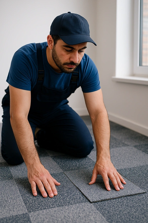 Ofis zemini için karo halı montajı yapan usta
