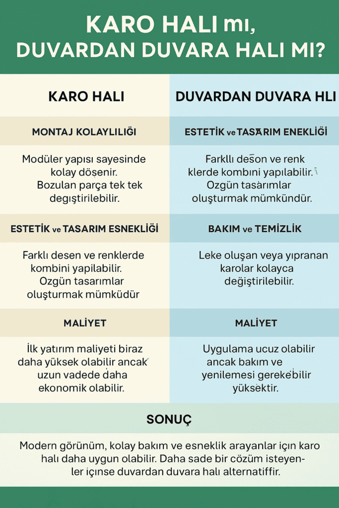 Karo halı ile duvardan duvara halı farklarını karşılaştıran bilgilendirici infografik.