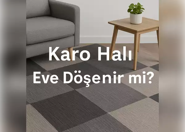 Modern bir salonda gri tonlarda karo halı döşemesi ve ahşap mobilyalar.