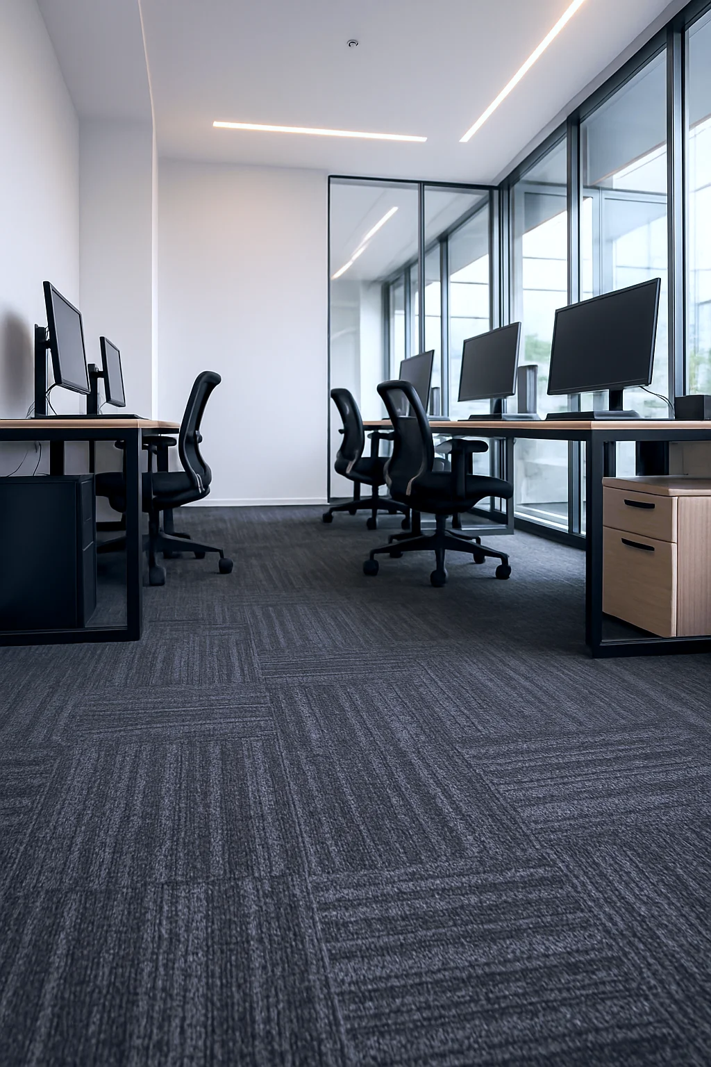 Ofis ortamında döşenmiş modüler karo halı yer kaplaması